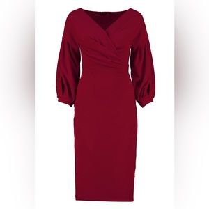 BOOHOO RECYCLED OFF THE SHOULDER WRAP MIDI DRESS